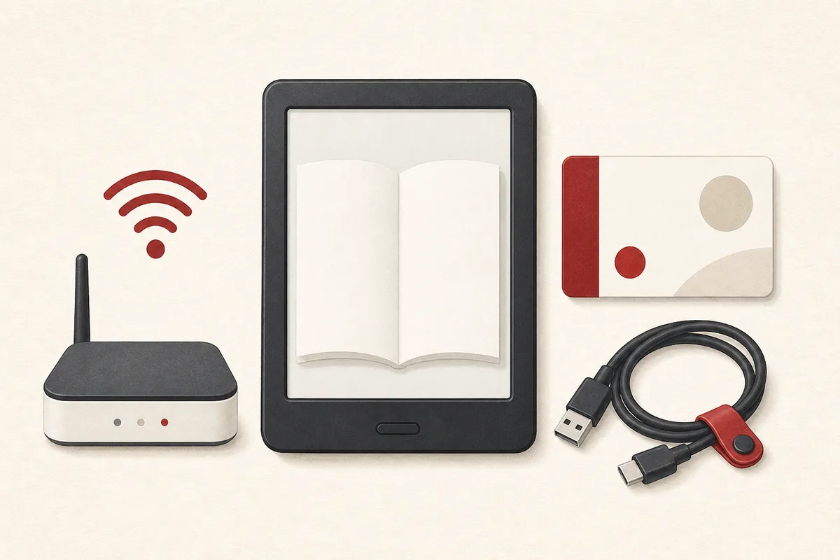 電子書籍リーダーの初期設定に用意する端末、Wi-Fi、会員ID、充電ケーブルの図解